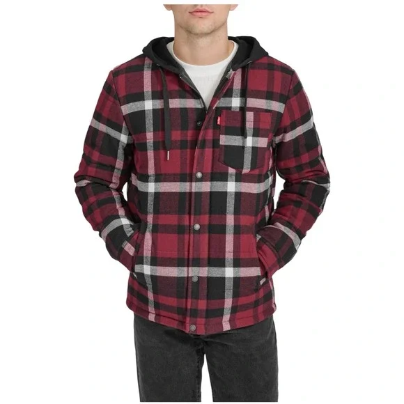 Levi's‎ Quilted Plaid Puffer Flannel Hooded Shacket Size XL Magenta Co